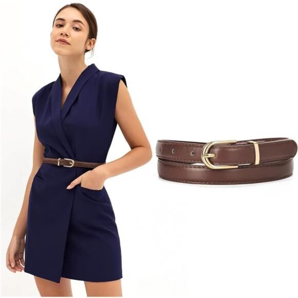 Womens Skinny Leather Belt Thin Faux Leather Waist Belt Gold Silver Buckle Jeans - Picture 2 of 6